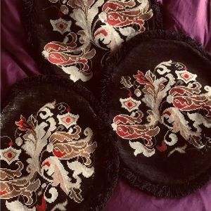 SET OF 3  Antique French 19C Needlepoint black  tapestry oval Pillow - 20 “X 17”